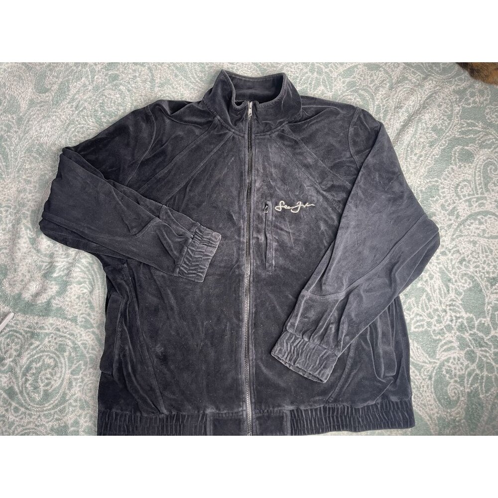 Sean John Velour Track Jacket Full Zip Embroidered Logo Men's XL Black‎